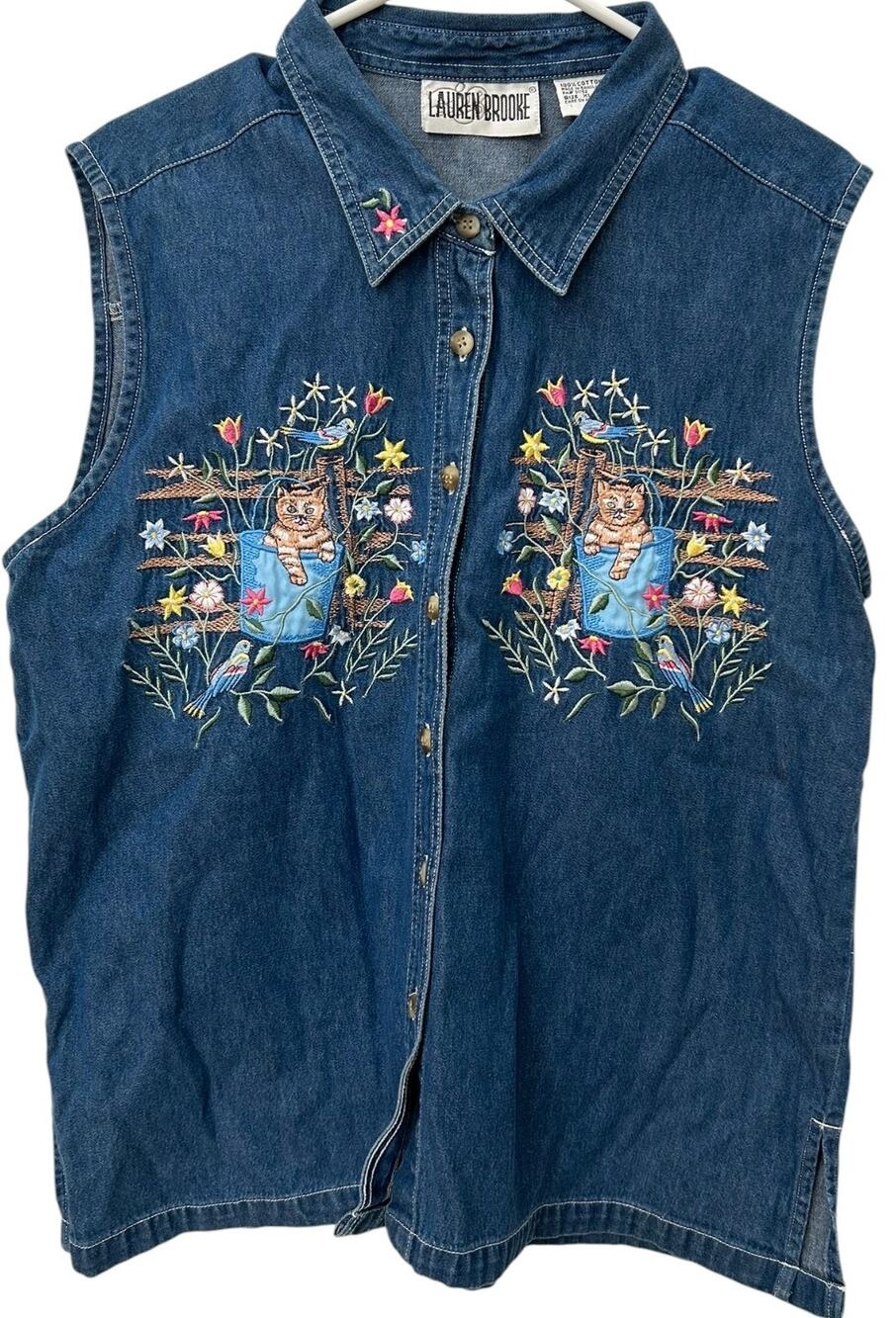 Vintage Lauren Brooke Denim Vest XL Embroidered Kitten Birds Flowers Cottage